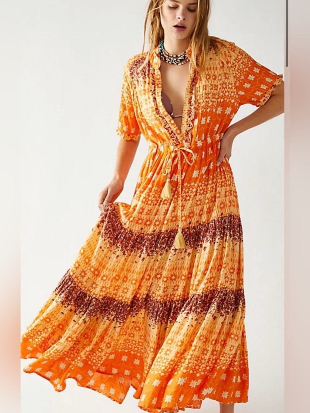 Free People Rare Feelings Orange Printed Boho Maxi Dress